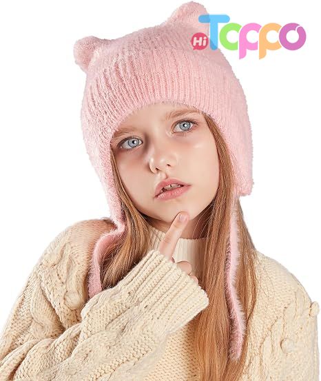 Children Cute Cat Ears Warm Wool Knit Ear Flap Cap Kids Beanie Hat for Winter with Earfalp 