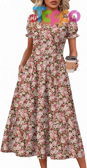 Custom Flowy Casual Midi Dress Short Sleeve Tiered Dress Sundresses with Pockets