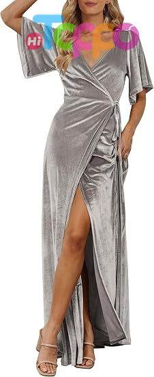 Custom Women's Wrap V Neck Wedding Guest Cocktail Velvet Maxi Dress