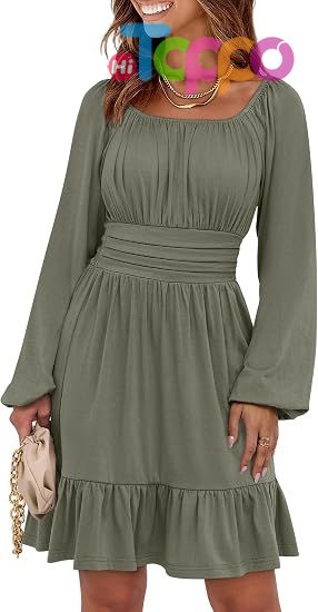  Custom Women Long Lantern Sleeve Square Neck Fall Short Dress