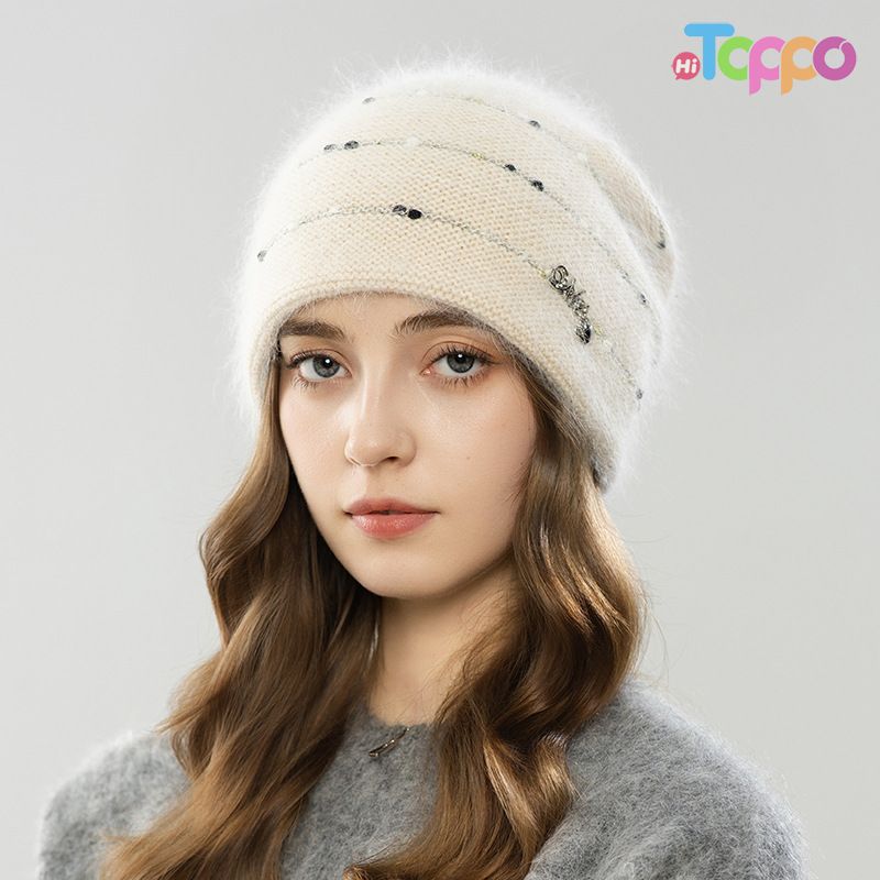 Winter Thick Warm Slouchy Beanie Angora Blend Knit Hat with Dots Earflap Skull Cap