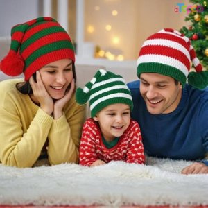 Classic Red & Green Striped Long Tail Knit Hat with Pom Pom Festive Christmas Beanie
