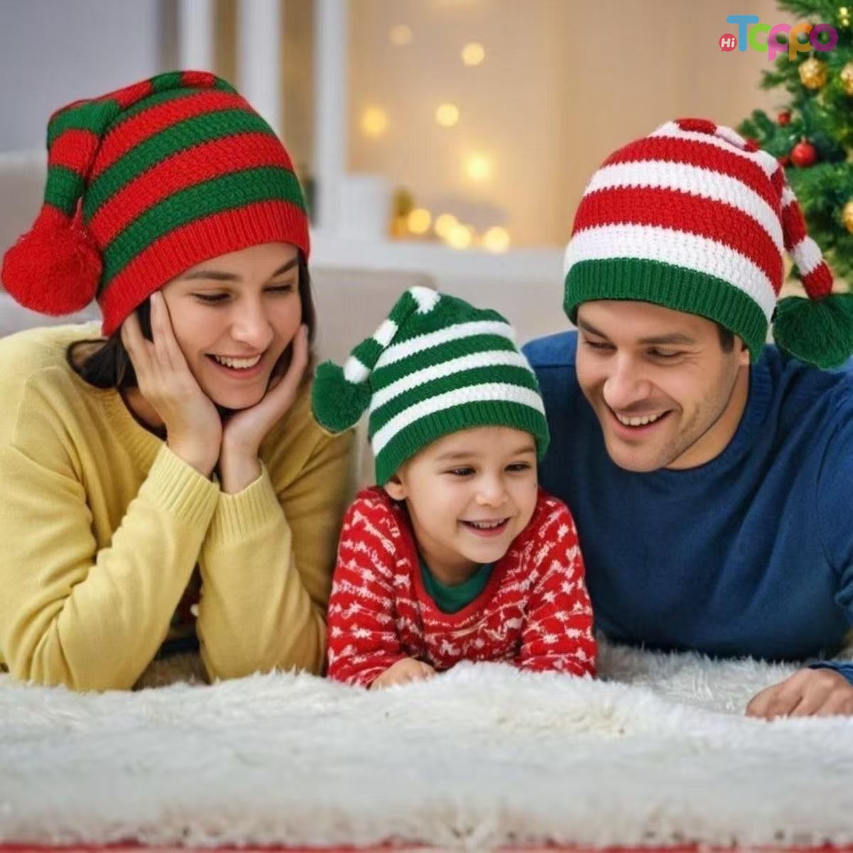 Classic Red & Green Striped Long Tail Knit Hat with Pom Pom Festive Christmas Beanie