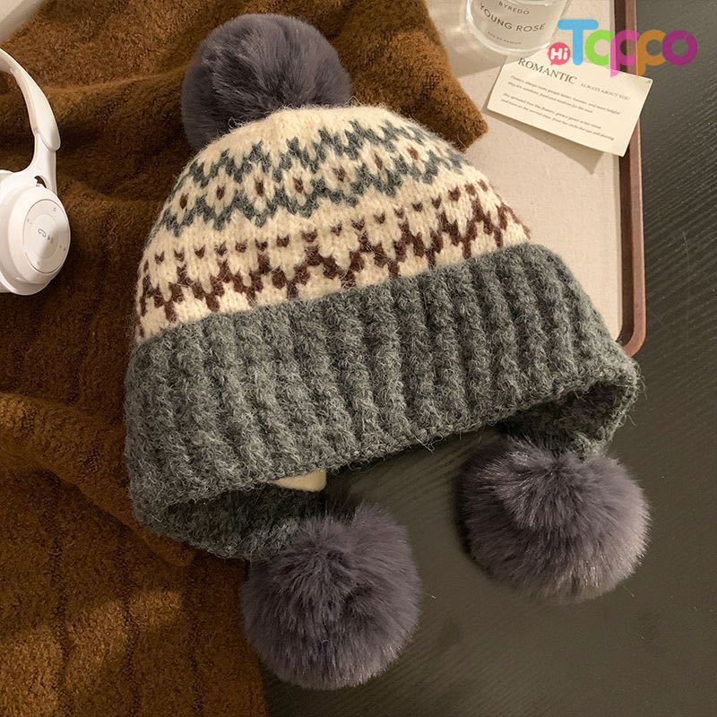 Hot Sale Fair Isle Knit Beanie with 3 Pom Poms Winter Warm Cuffed Skull Cap 