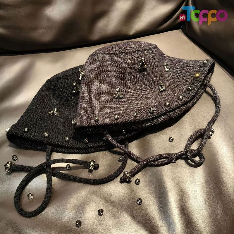  Custom Elegant Rhinestone Handmade Crystal Embellished Knit Cap Bucket Hat