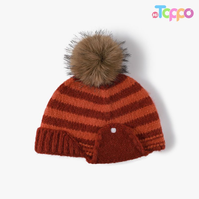 Custom Striped Knit Beanie With Faux Fur Pom‑Pom Detachable Ear Flaps Button Decor 