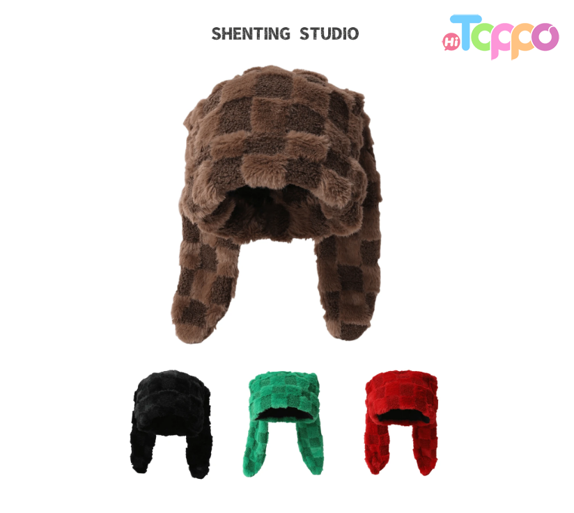Cute Rabbit Ear Houndstooth Ombre Fluffy Stylish Designer Niche Women Winter Knit Warm Hat 
