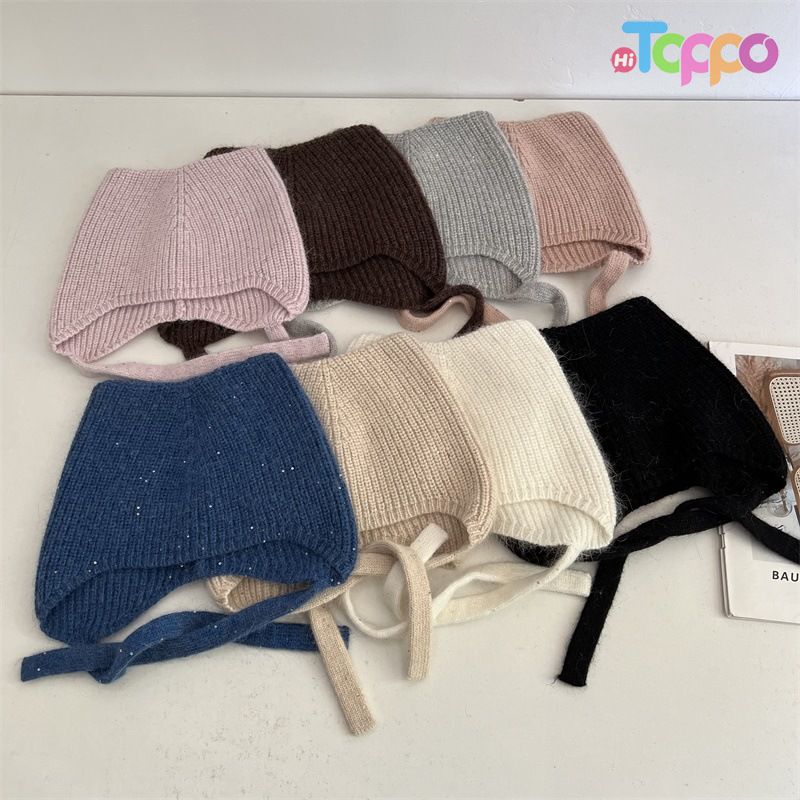 Casual Cute Cat-Ear Sequin-Embellished Rabbit-Fur Knit Winter Ear-Warming Beanie