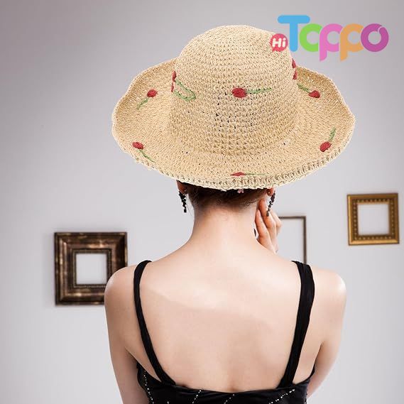  Woven Plaited Build Beige Cherry Accent Lightweight Breathable Comfort Women's Wide Brim Straw Sun Hat 56-58cm