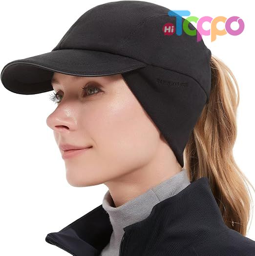 Women's Winter Reflective Fleece Ponytail Hat with Drop Down Ear Warmer
