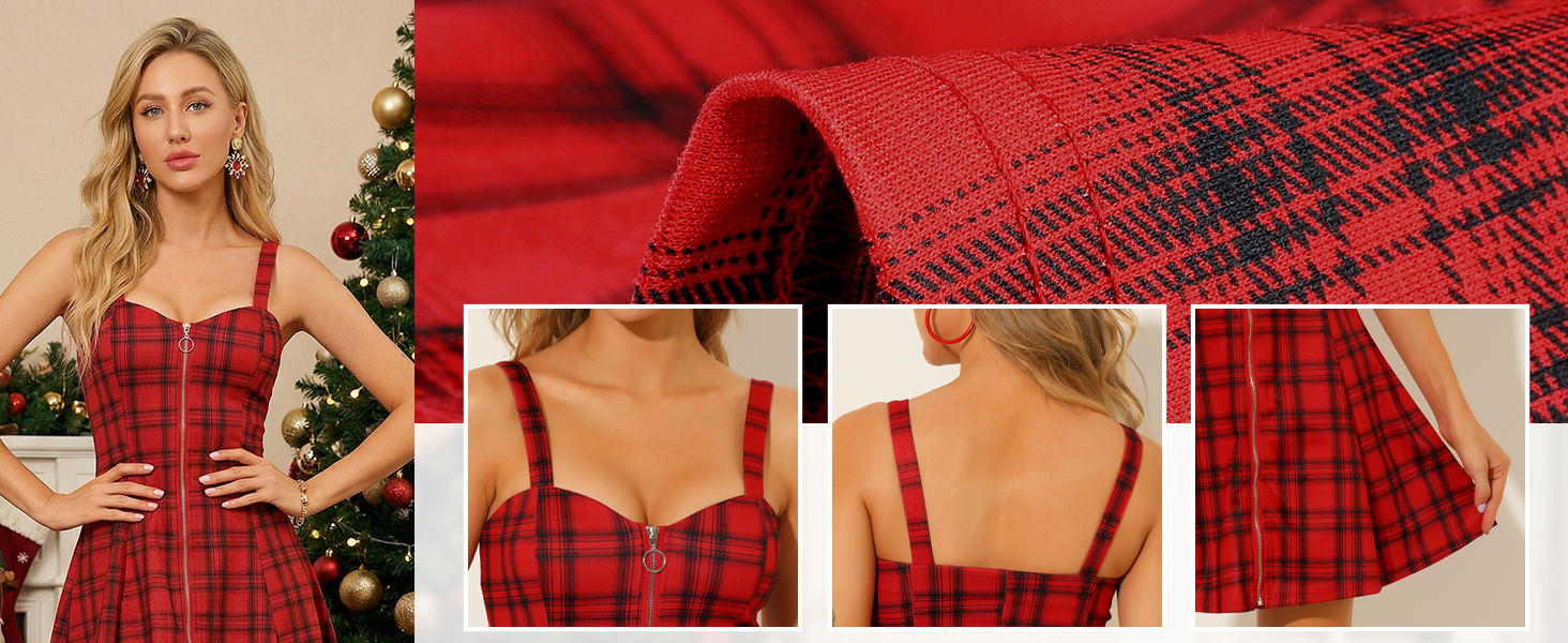 Women&amp;#39;s Plaid Tube Dress Zip Up Strap Sleeveless Party Mini A-Line Dress