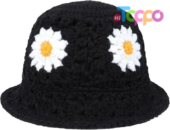 Womens Daisy Flower Crochet Bucket Hat Packable Knit Fisherman Hat