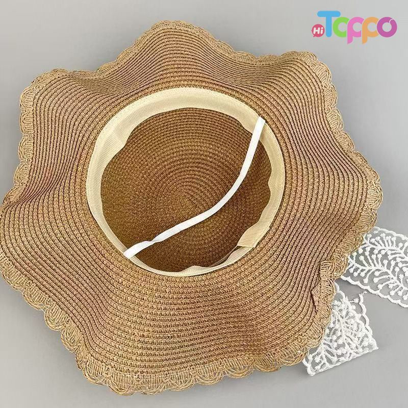 Girls Summer Wide Brim Sun Beach Hats wIth Lace Trim