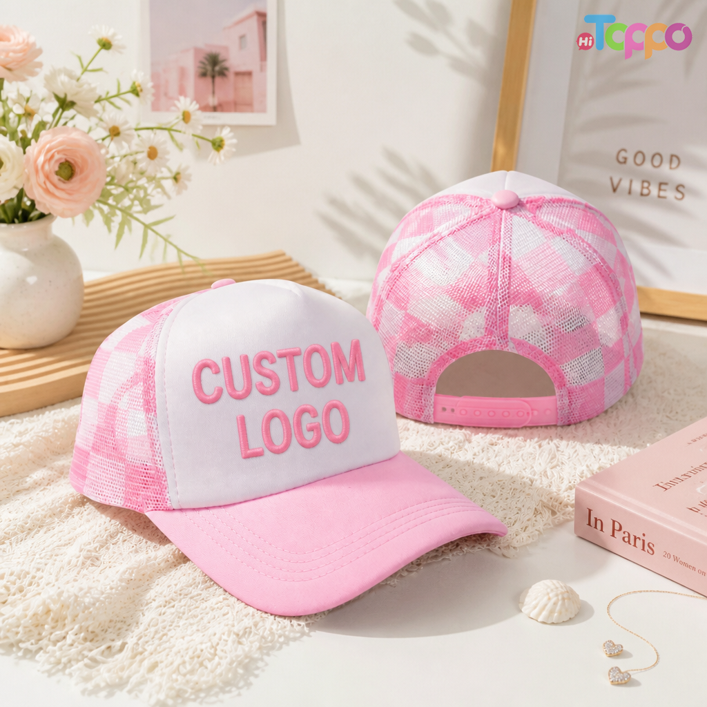 Hot-sale Plaid Mesh Trucker Hats with Custom Embroidery Logo 
