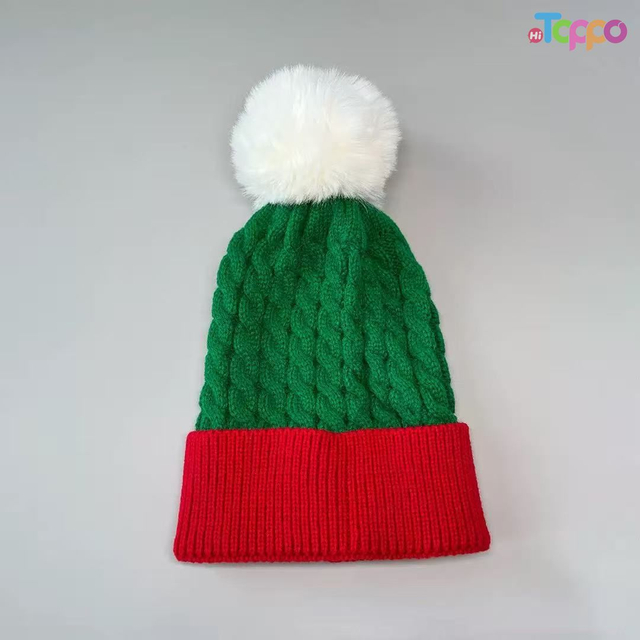Hot Sale Large Pom Pom Color Block Elf Beanie Winter Knit Cap