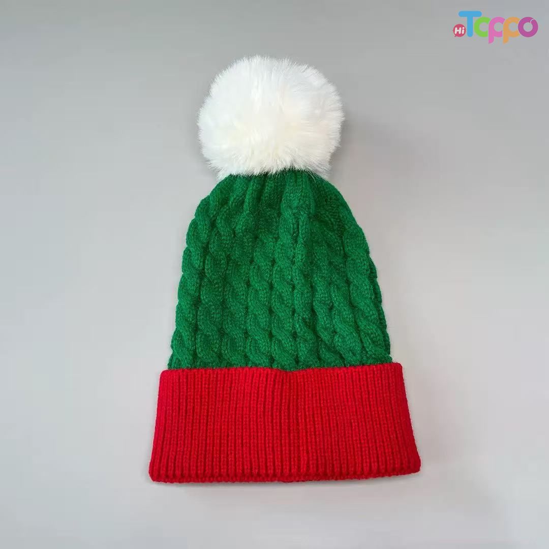 Hot Sale Large Pom Pom Color Block Elf Beanie Winter Knit Cap