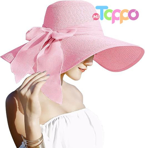  Big Bowknot 5.7 Inches Large Floppy Foldable Roll up UPF 50+ Beach Cap Sun Hat Straw Hat