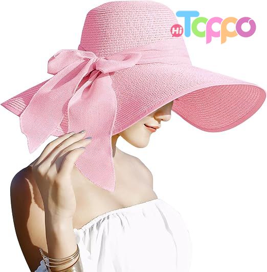  Big Bowknot 5.7 Inches Large Floppy Foldable Roll up UPF 50+ Beach Cap Sun Hat Straw Hat