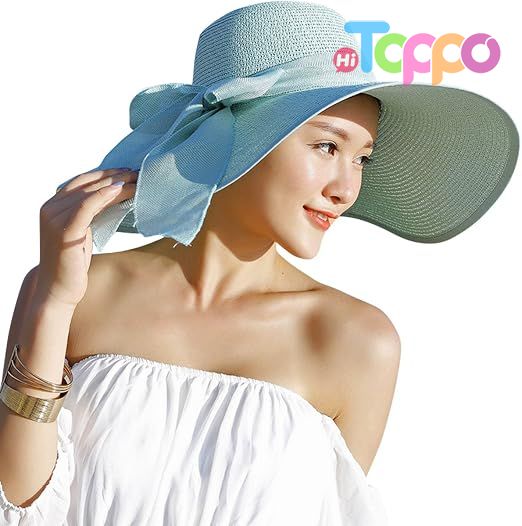 Big Bowknot 5.7 Inches Large Floppy Foldable Roll up UPF 50+ Beach Cap Sun Hat Straw Hat