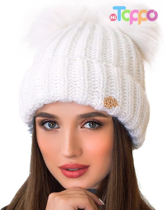 Custom 2 Pom Cable Knit Winter Warm Fleece Hat Wool Snow Cuff Ski Cap Beanie 
