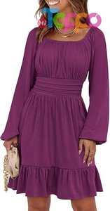  Custom Women Long Lantern Sleeve Square Neck Fall Short Dress