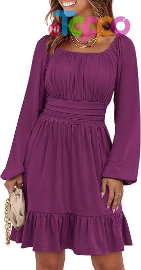 Custom Women Long Lantern Sleeve Square Neck Fall Short Dress