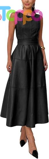 Women PU Faux Leather Sleeveless Elegant Flowy Long Dress Party Night Out Dress with Belt