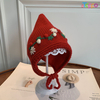 Winter Warm Floral Embroidery Baby Knit Earflap Hat with Ties Cute Pixie Elf Beanie 