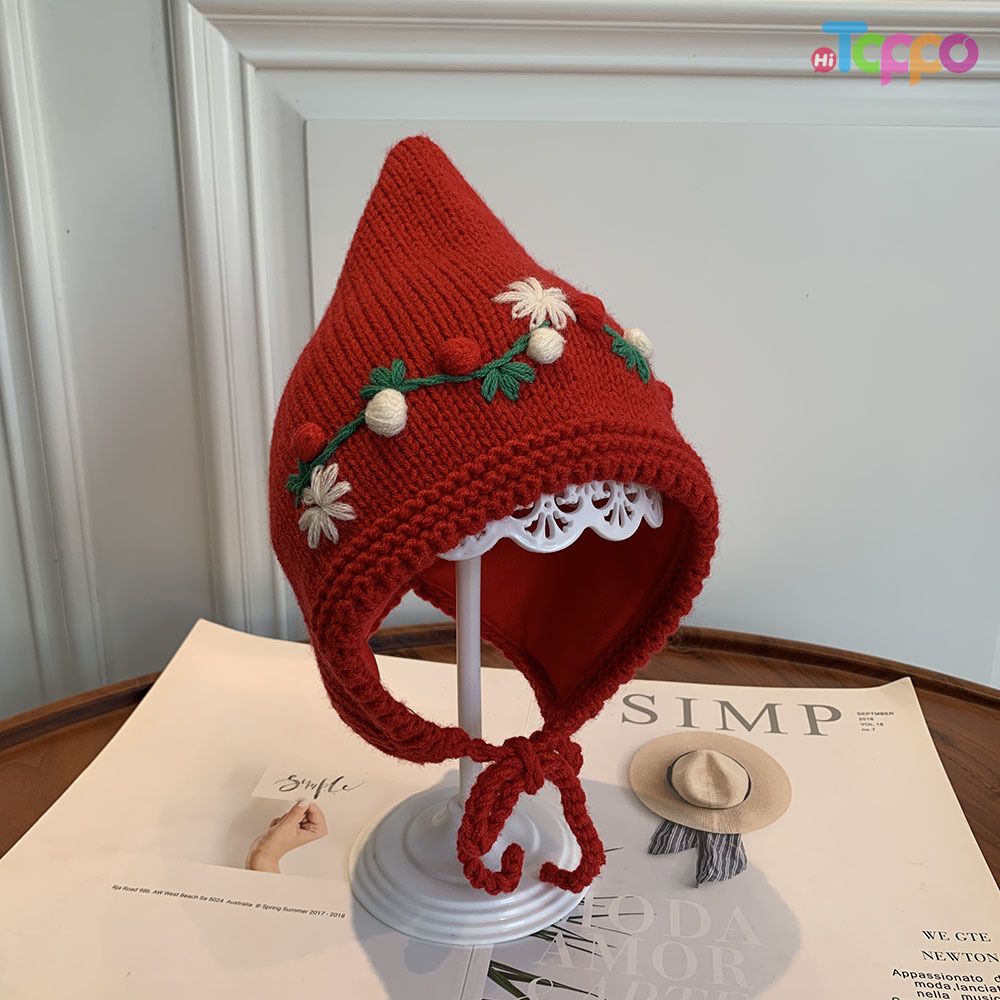 Winter Warm Floral Embroidery Baby Knit Earflap Hat with Ties Cute Pixie Elf Beanie 