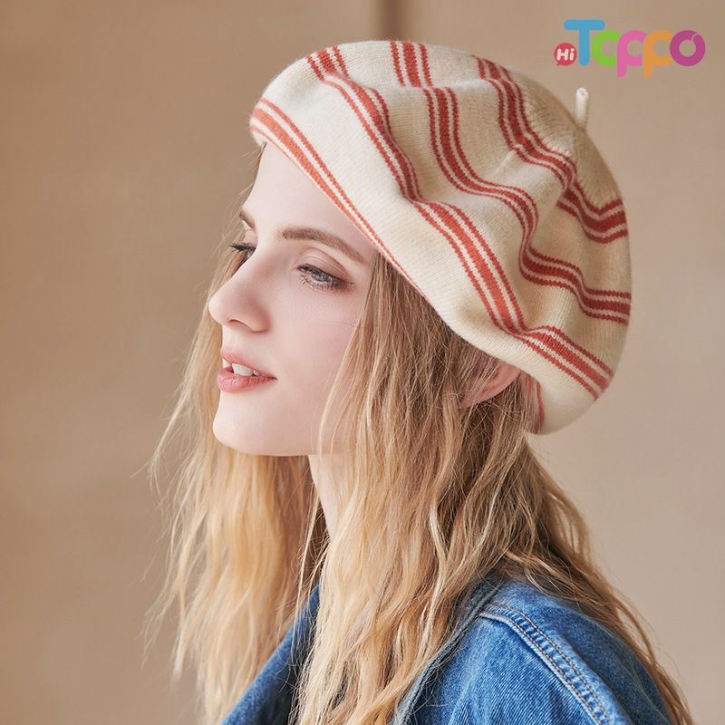 Winter Wool Blend Striped Beret Trendy Slouchy Knit Hat, Versatile French Beanie