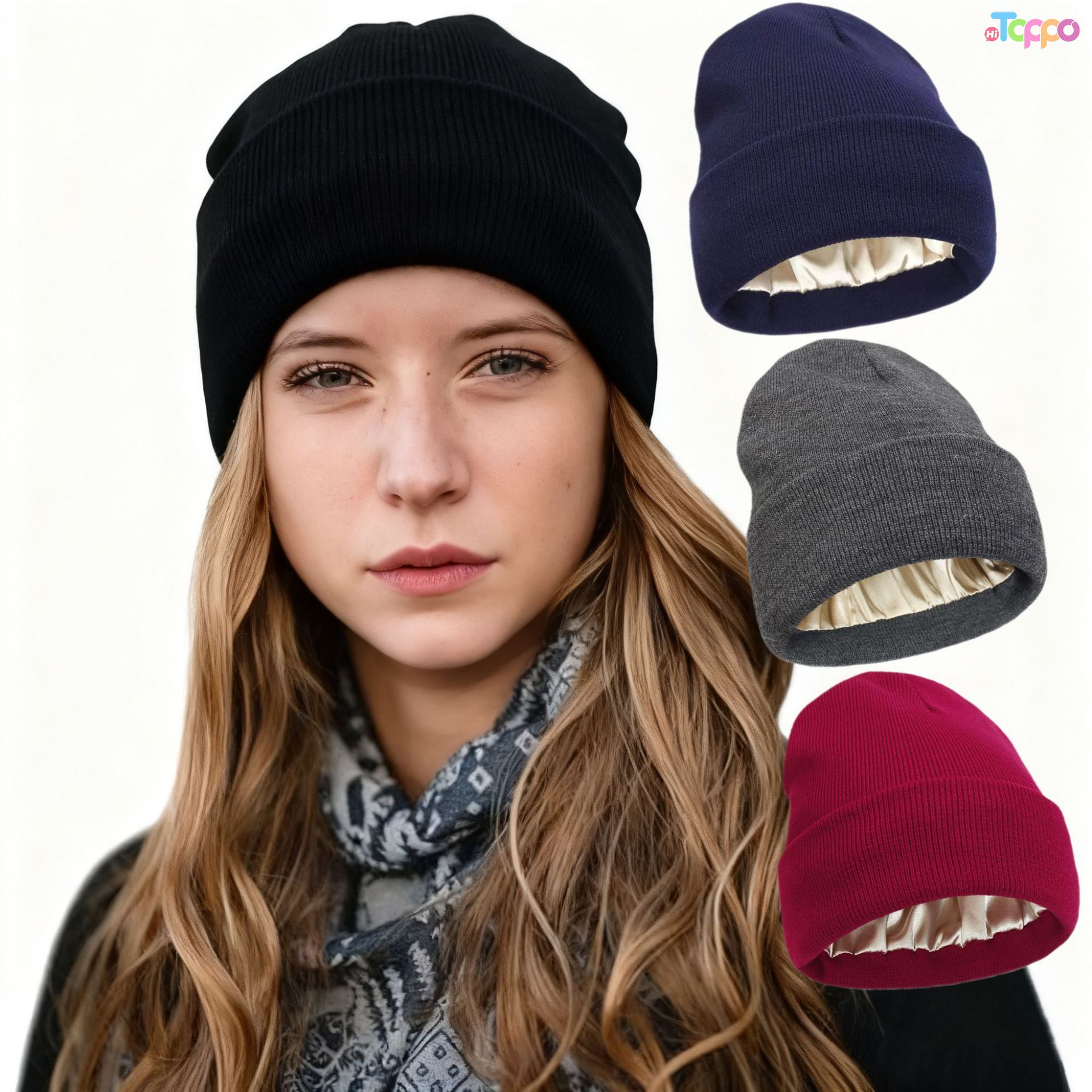 Satin Lined Beanie for Women Men, Double Layer Knitted Cuffed Winter Hat