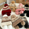 Hot Sale Fair Isle Knit Beanie with 3 Pom Poms Winter Warm Cuffed Skull Cap 