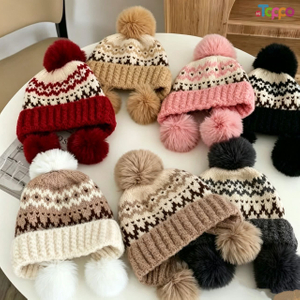 Hot Sale Fair Isle Knit Beanie with 3 Pom Poms Winter Warm Cuffed Skull Cap 