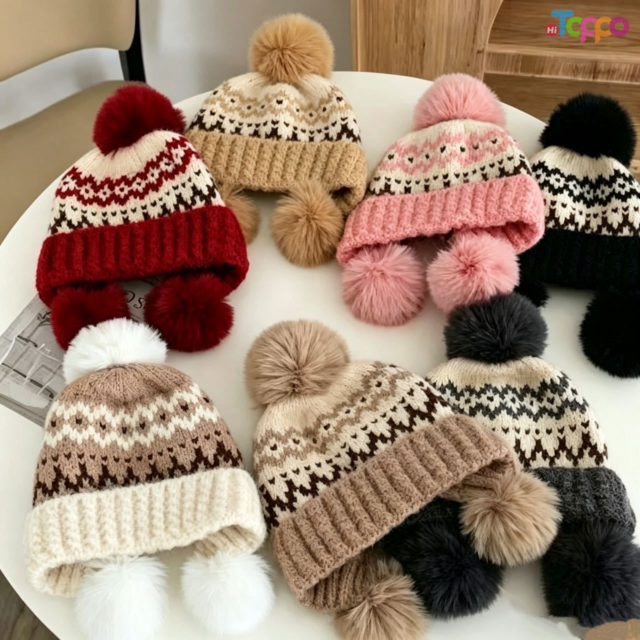 Hot Sale Fair Isle Knit Beanie with 3 Pom Poms Winter Warm Cuffed Skull Cap 
