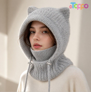 Custom Warm Earflap Hooded Scarf Women's Winter Knit Balaclava Beanie