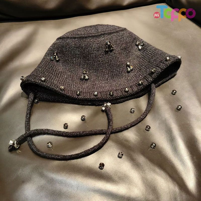  Custom Elegant Rhinestone Handmade Crystal Embellished Knit Cap Bucket Hat
