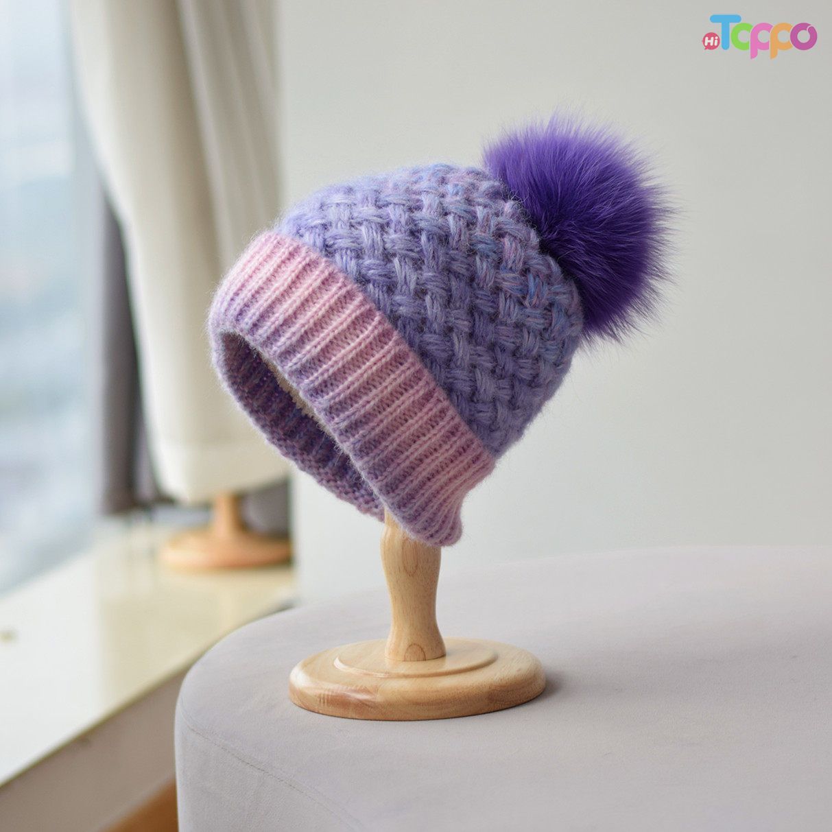 Winter Warm Thick Earflap Pom Pom Faux Fox Fur Ball Ski Skull Cap Gradient Fleece Lined Knit Beanie 