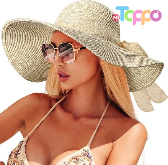 Wide Brim Straw Hat Floppy Packable UPF 50+ UV Protection Beach Sun Hats for Women 