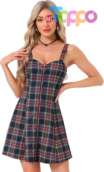 Women's Plaid Tube Dress Zip Up Strap Sleeveless Party Mini A-Line Dress