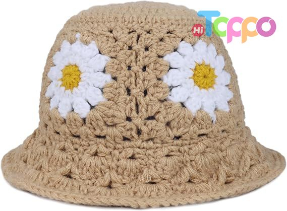 Womens Daisy Flower Crochet Bucket Hat Packable Knit Fisherman Hat