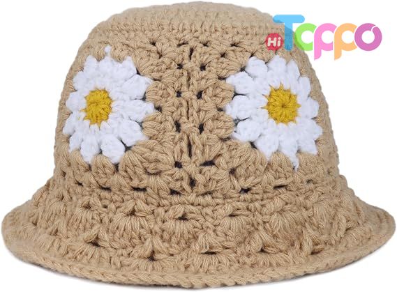Womens Daisy Flower Crochet Bucket Hat Packable Knit Fisherman Hat