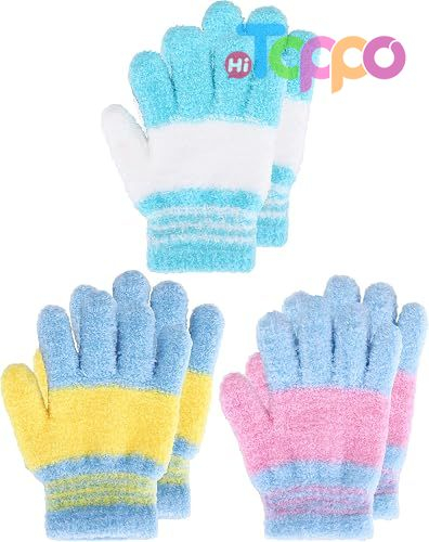 Custom Stretchy Full Finger Fluffy Mittens 3 Pairs Set Winter Knit Gloves for Kids 