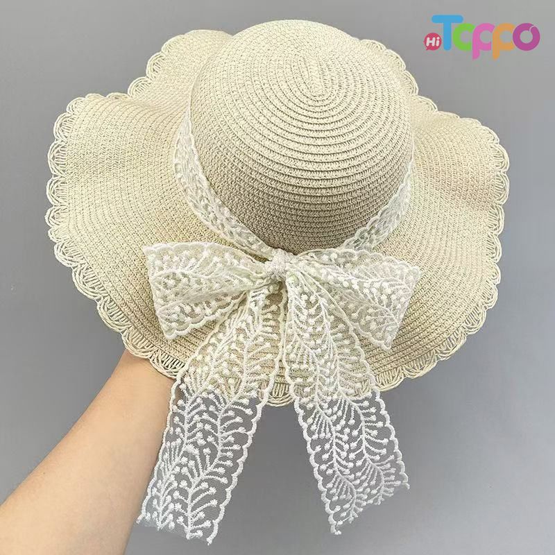 Girls Summer Wide Brim Sun Beach Hats wIth Lace Trim