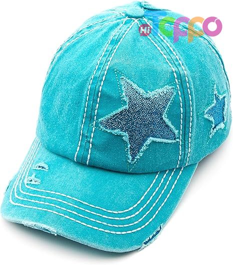  Custom Washed Distressed Cotton Denim Star Ponytail Hat Baseball Cap