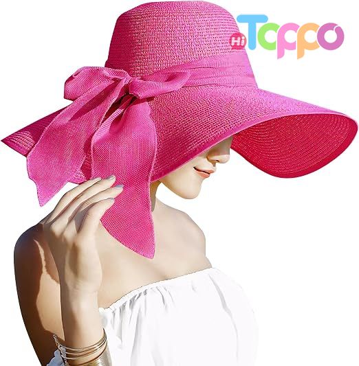  Big Bowknot 5.7 Inches Large Floppy Foldable Roll up UPF 50+ Beach Cap Sun Hat Straw Hat