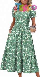 Custom Flowy Casual Midi Dress Short Sleeve Tiered Dress Sundresses with Pockets