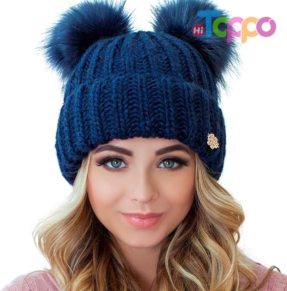 Custom 2 Pom Cable Knit Winter Warm Fleece Hat Wool Snow Cuff Ski Cap Beanie 