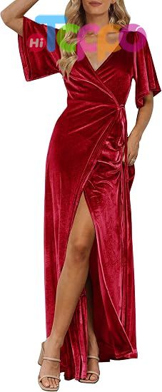 Custom Women's Wrap V Neck Wedding Guest Cocktail Velvet Maxi Dress