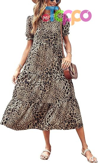 Custom Print Women's Short Sleeve Midi Floral Dress