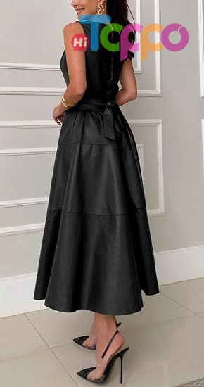 Women PU Faux Leather Sleeveless Elegant Flowy Long Dress Party Night Out Dress with Belt
